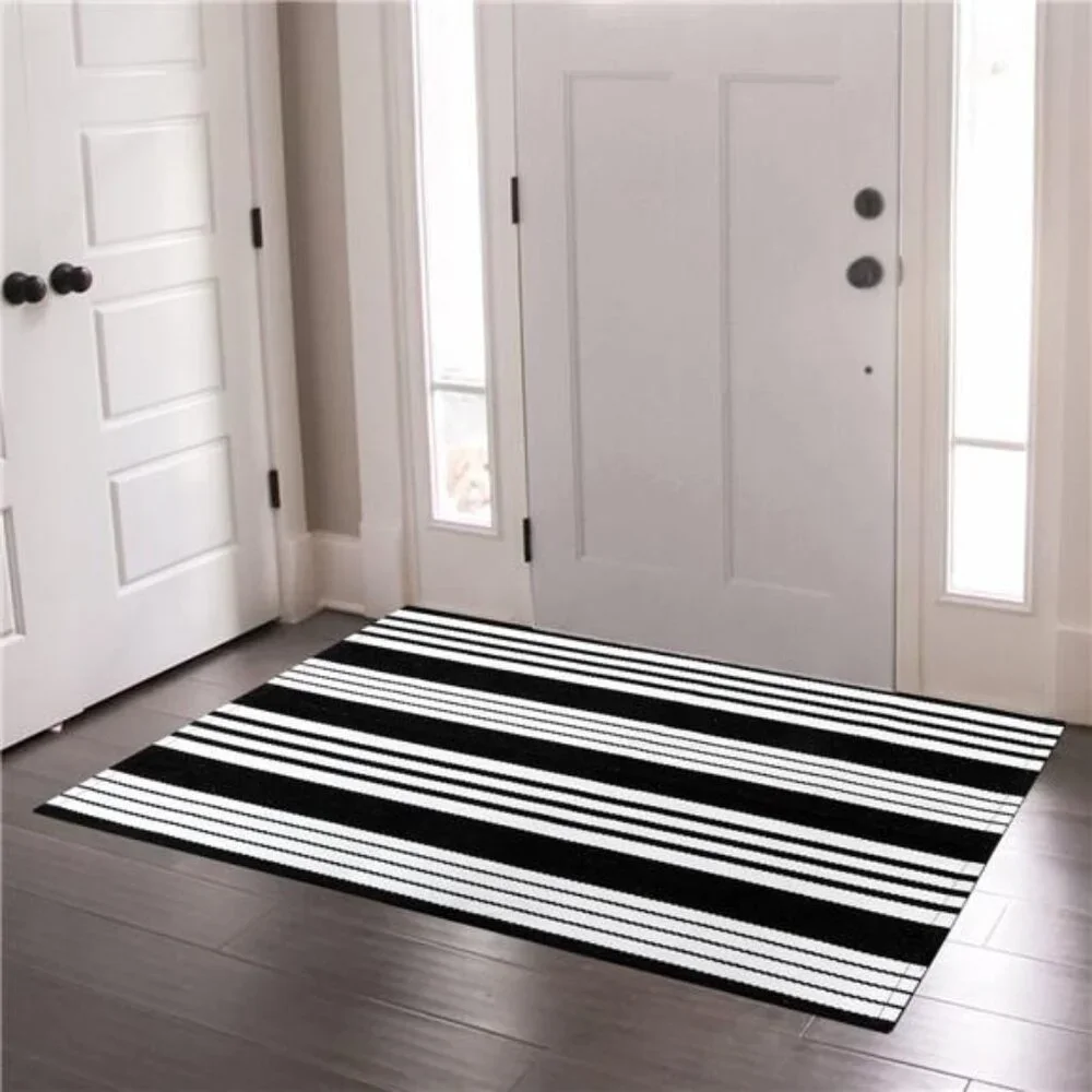 Black &White Outdoor Rug 3x5ft Cotton Hand-Woven Striped Porch Rugs Machine Wash